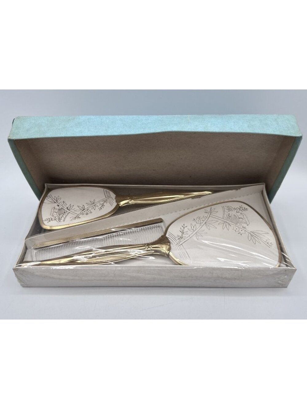 3 Piece Vanity Set Handheld Mirror Brush Comb Gold Tone Vtg Original Box NOS